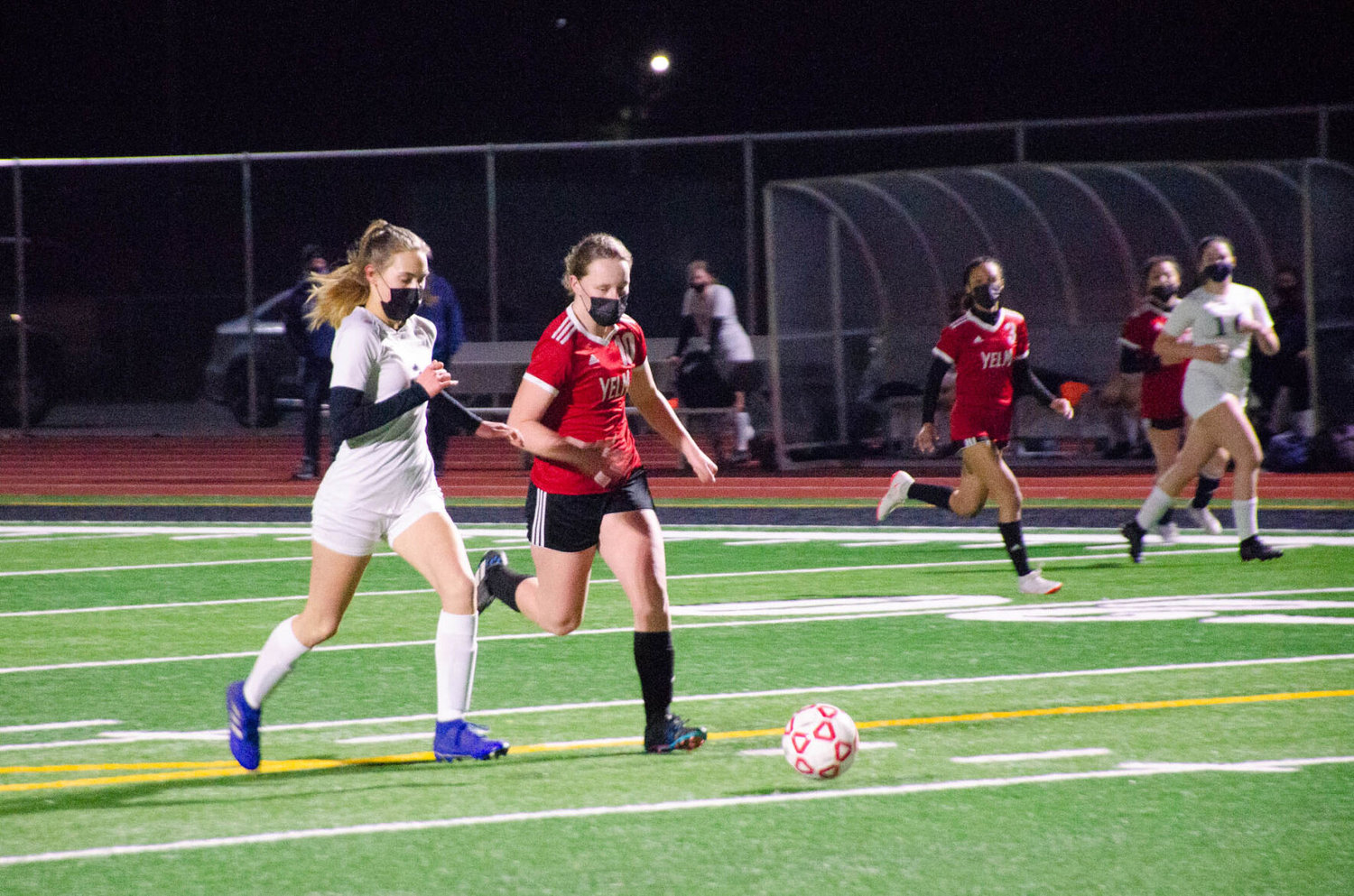 Junior forward Jordan Rabalais runs the ball in past River Ridge during one of their previous games. Rabalais is one of several Yelm athletes who were named to the 2020 South Sound All-Conference Girls Soccer Team. 