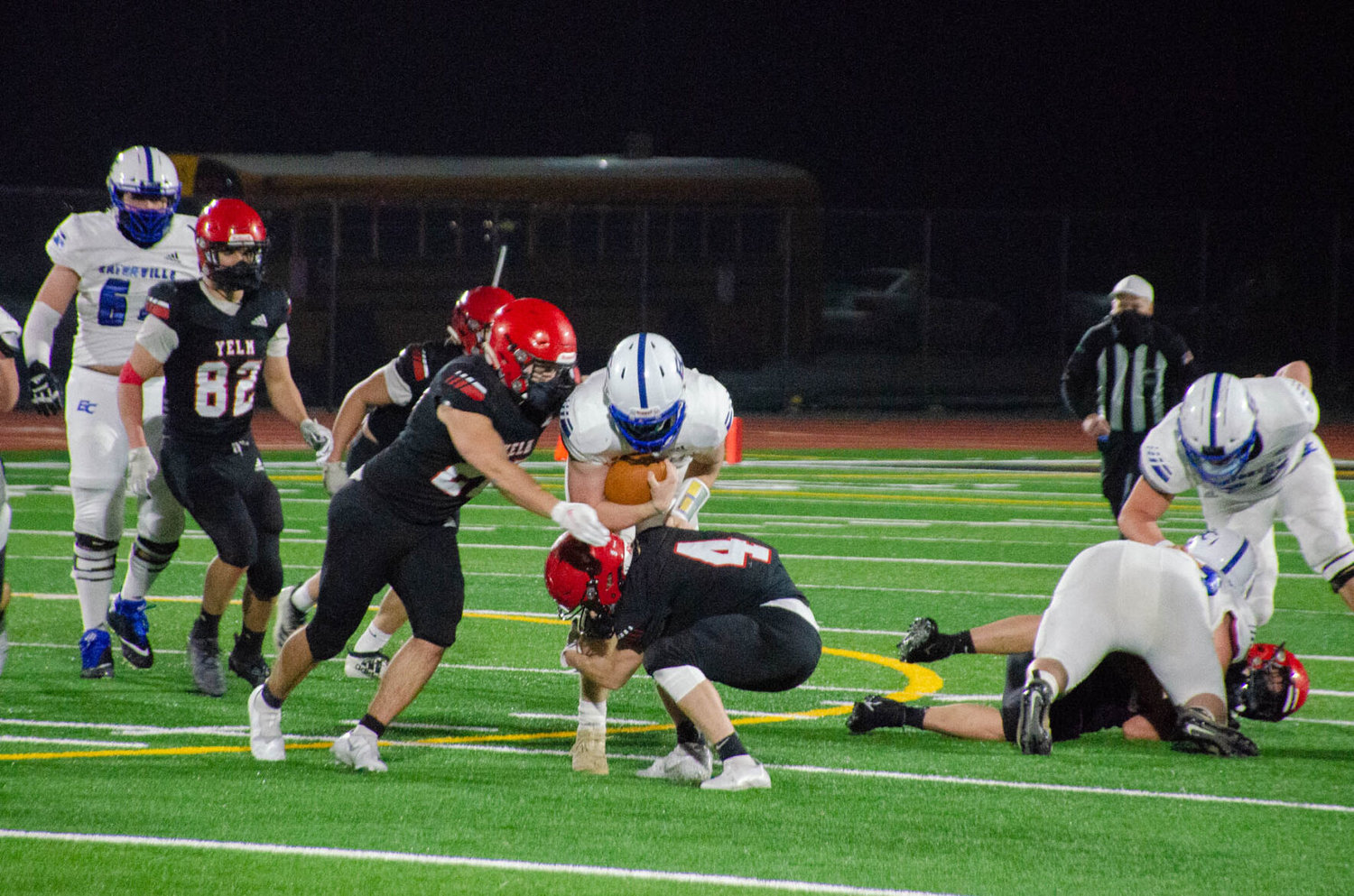 Yelm Tornados defense looks for a takedown Wednesday night against the 1A Eatonville Cruisers. 