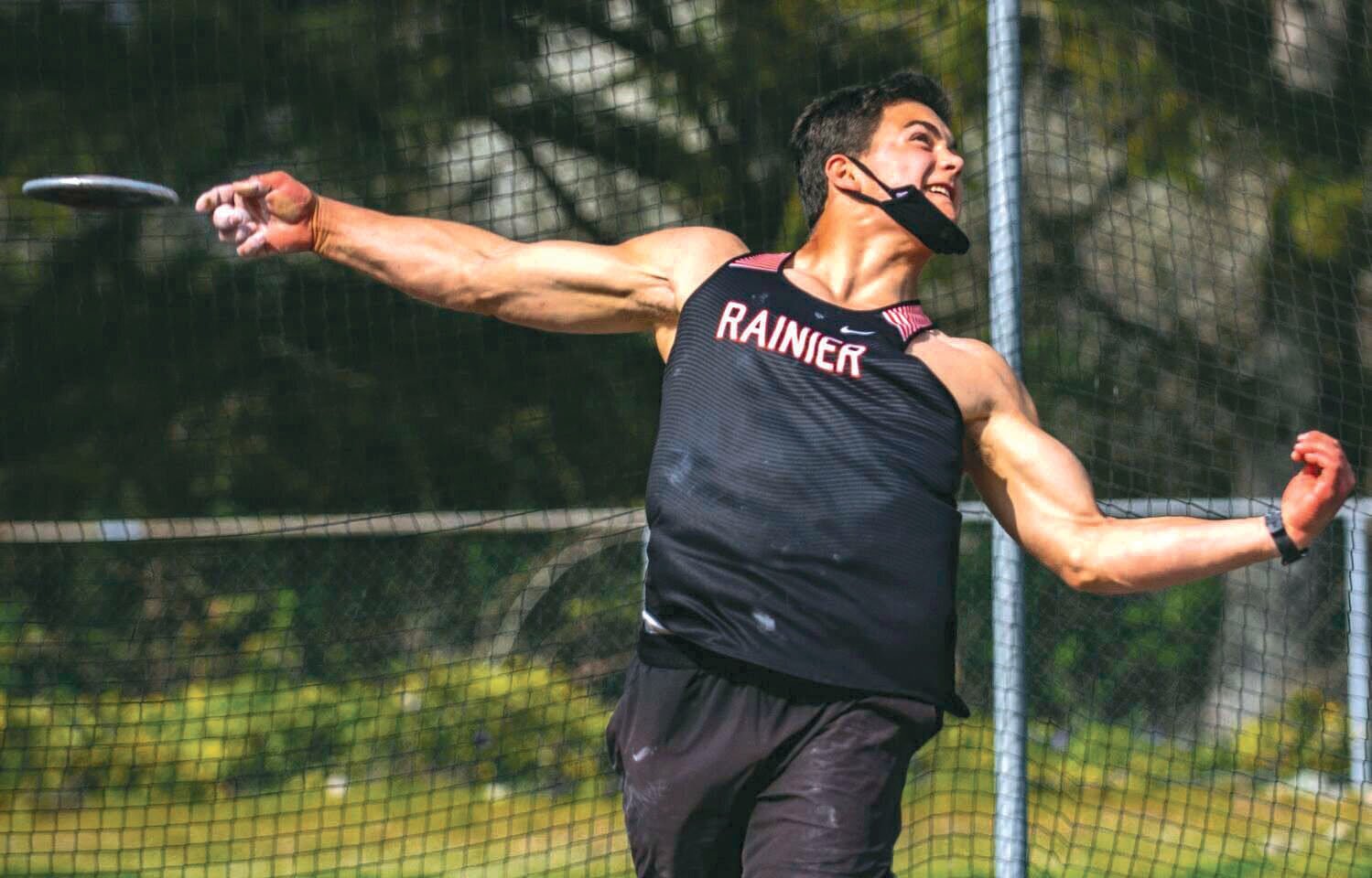 Rainier junior Jeremiah Nubbe broke the Washington state junior discus throw record with a toss of 196 feet even at a meet in Tenino.