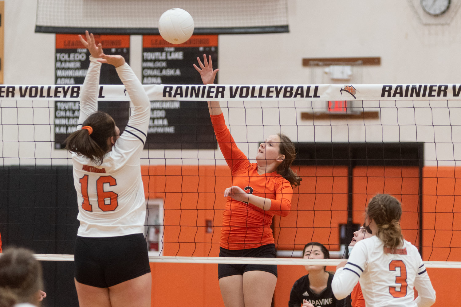 Napavine sophomore Anna Thompson attempts a spike in the Tigers match against Rainier Monday night.