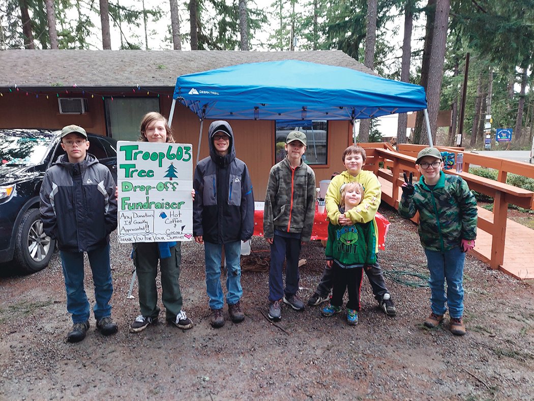 From left, Tristin Sawyer, George Vilsack IV, Dustin Sawyer, Jacob Bagby, Robby Boughner, Clayton Vilsack and Zechariah Wall participate in a Christmas tree recycling program for local Boy Scout Troop 603.