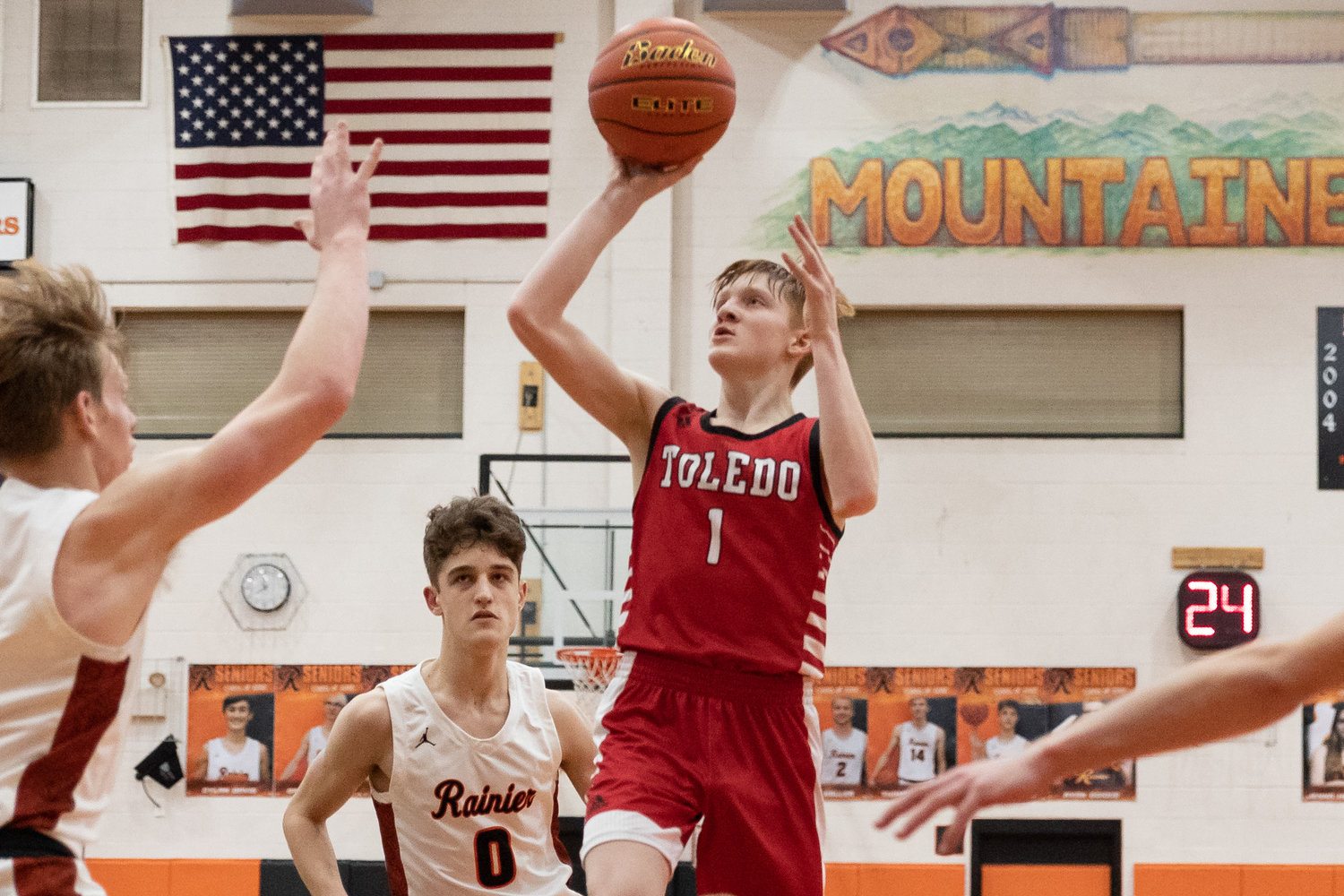 Toledo guard Jake Cournyer takes a floater against Rainier Jan. 19.