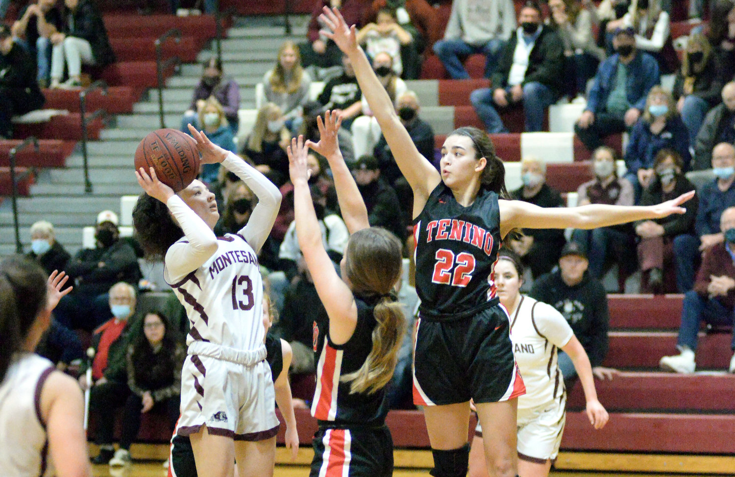Tenino's Ashley Schow (22) defends against a Montesano player during a road game on Feb. 4.
