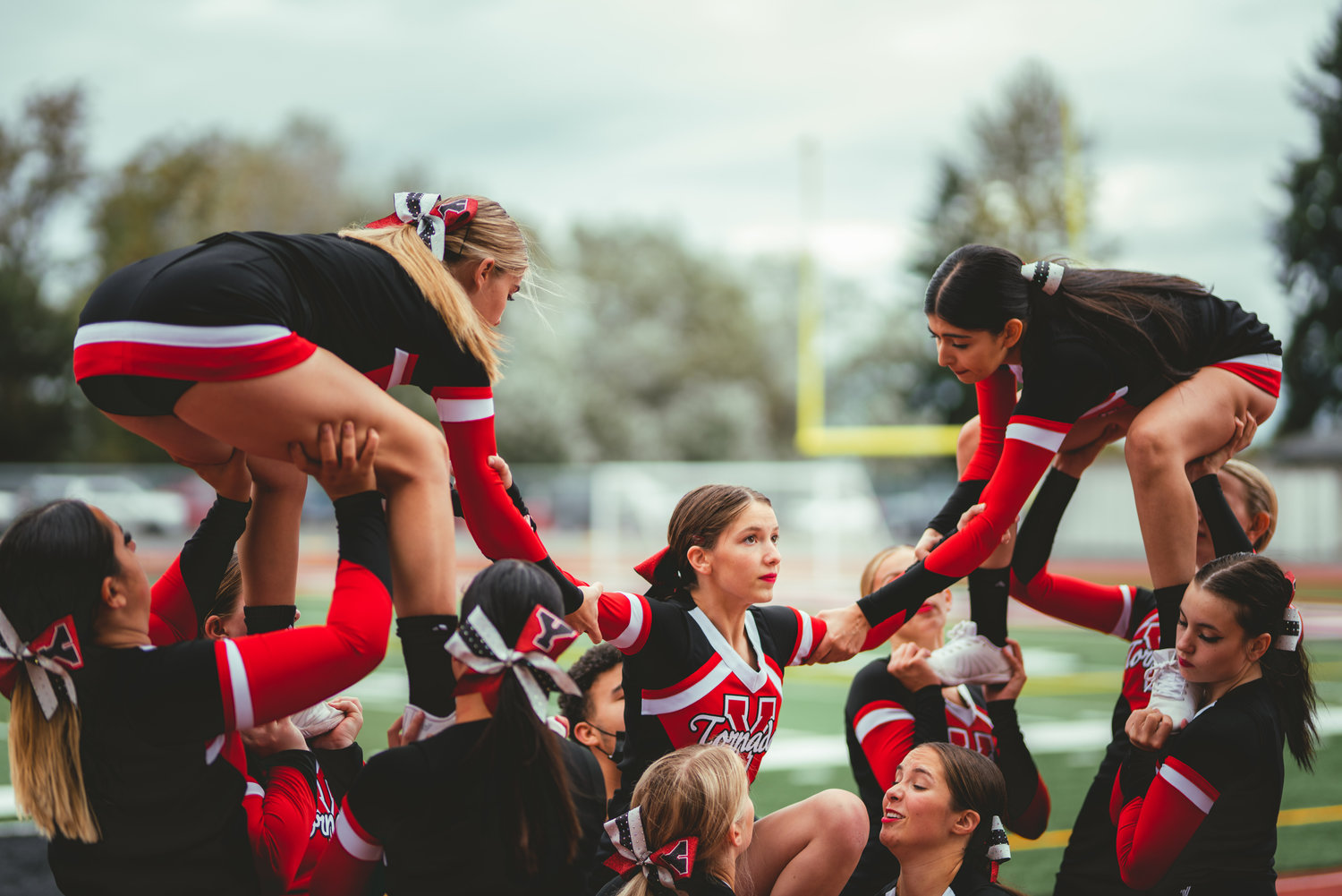The Yelm cheerleading squad gets ready for a stunt.