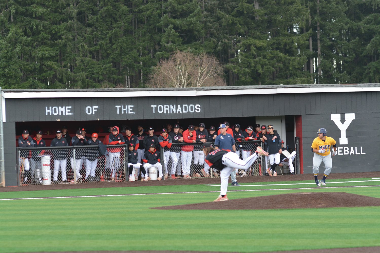 Kameron Richards delivers a pitch against Montana State Billings at Yelm High School on March 18.