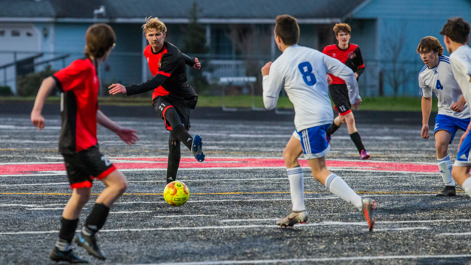 Tenino’s Max Craig (21) makes a pass during a game Wednesday evening.