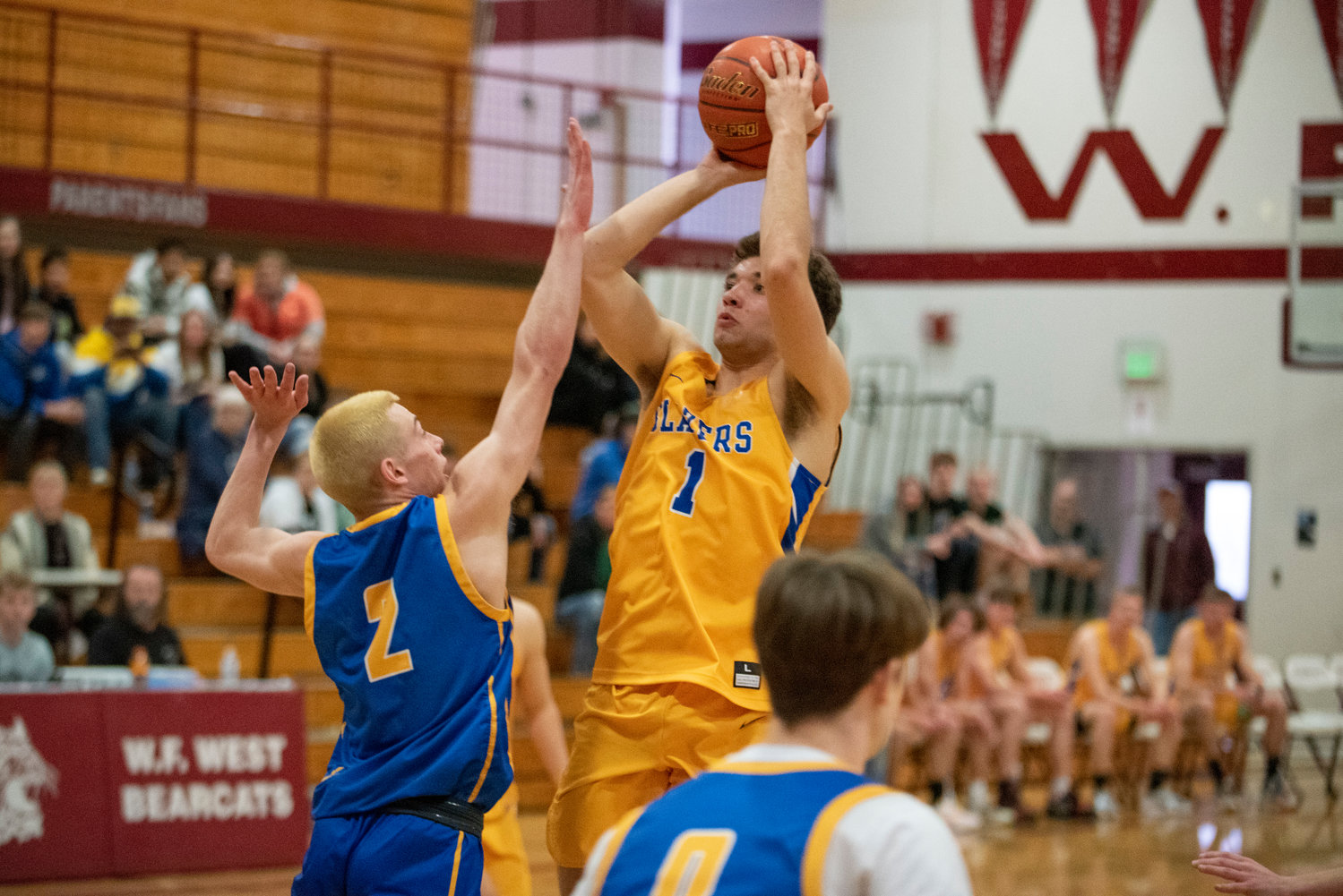 Raymond's Tre Seydal (1) shoots a jumper against W.F. West's Seth Hoff (2) during the SWW Senior All-Star Game on March 26.