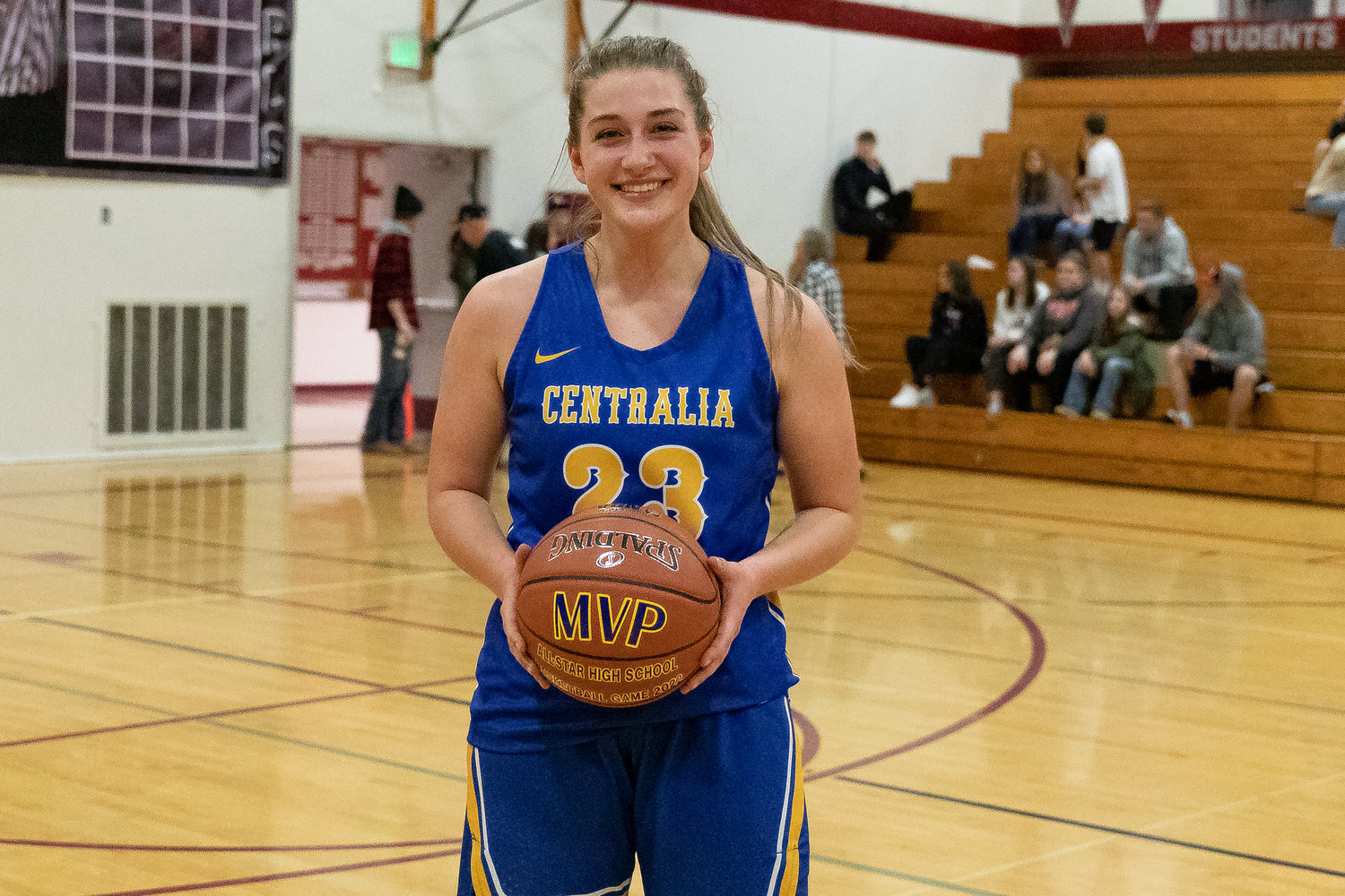 Winlock forward Addison Hall poses with the game ball after taking home MVP at the SWW Senior All-Star Game March 26 at W.F. West.