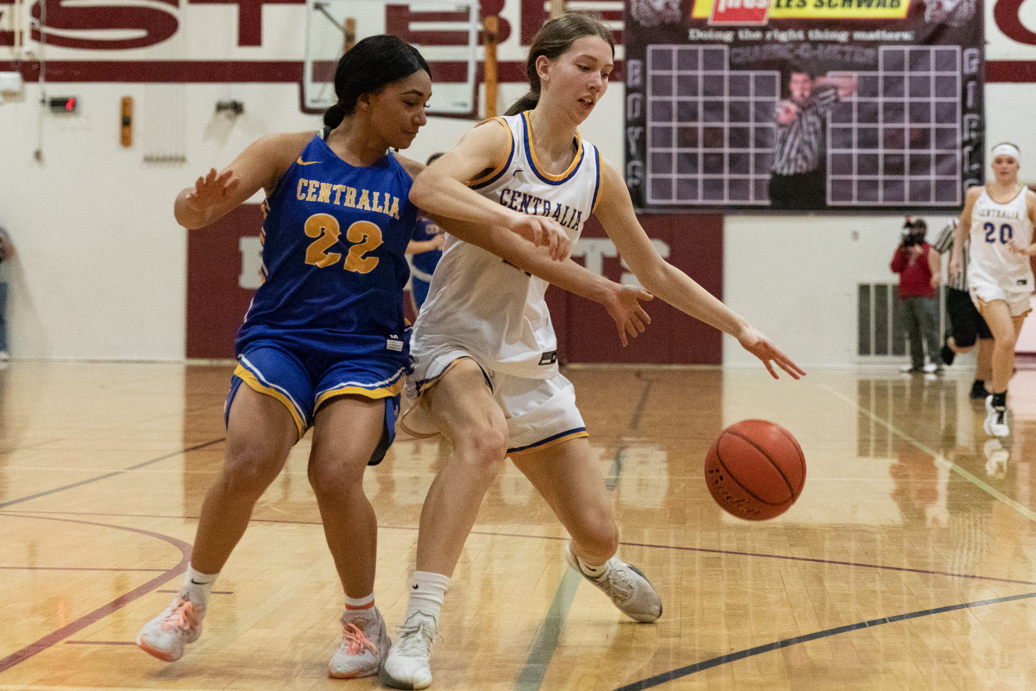 Adna forward Faith Wellander looks to drive past Napavine's Makensee Taliaferro at the SWW Senior All-Star Game March 26 at W.F. West.