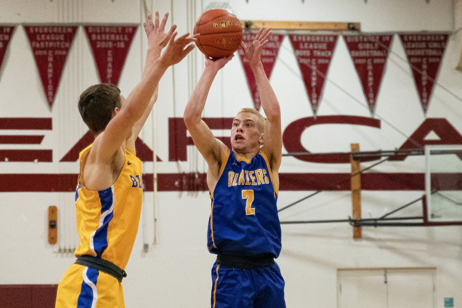 W.F. West guard Seth Hoff rises for a 3-pointer at the SWW Senior All-Star Game March 26 at W.F. West.