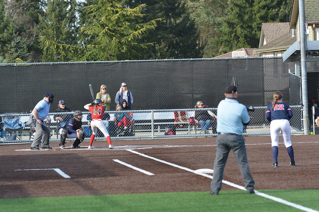 Shortstop Kailei Thompson awaits the pitch on Friday, March 25 at Bellevue College.