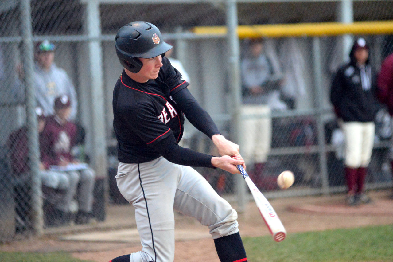 Tenino's Austin Gonia singles to right field to drive in two runs in the Beavers' 11-4 loss to Montesano on Wednesday in Montesano.