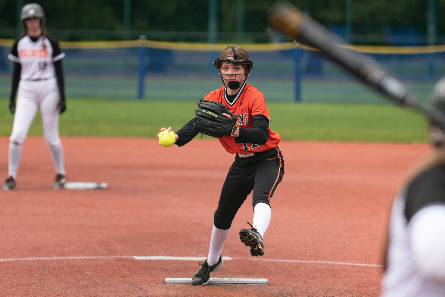 Napavine's Hannah Fay throws out a pitch against Rainier at the Lacey Regional Athletic Complex May 6.