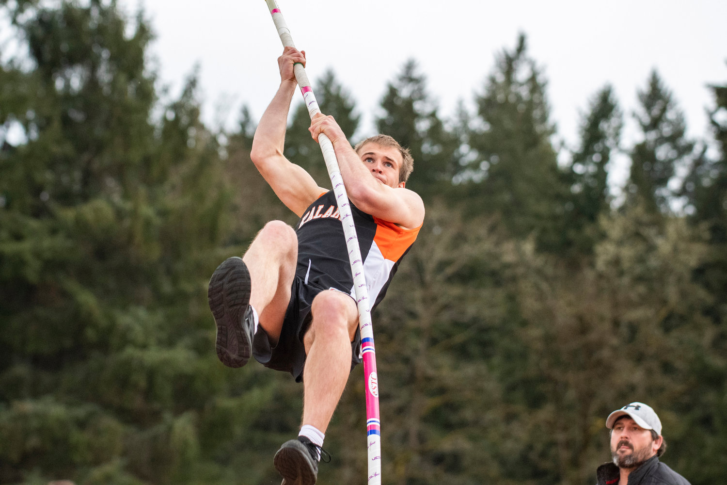 Kalama's Jay 'Anthony' Peonio launches in the boys pole vault during the Central 2B League Championships in Rainier on May 13.