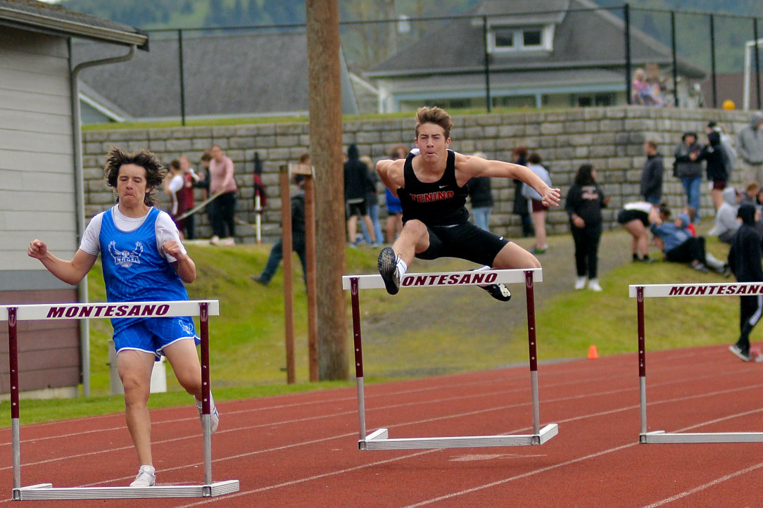 Tenino's Carson Schall, right, won the boys 110-meter hurdles and 300 hurdles at the 1A Evergreen League sub-district championships on Friday in Montesano.
