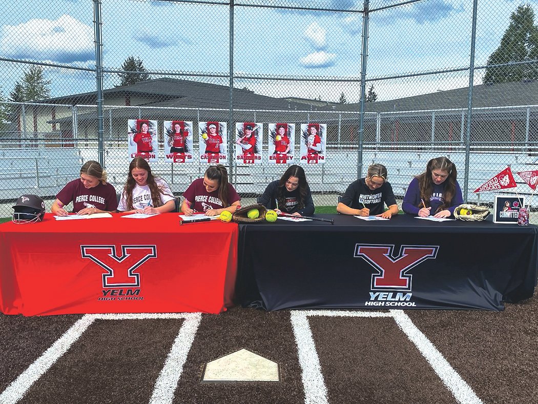 Six Tornados put ink to paper as they sign their college letters of intent. Pictured left to right is Kendall Lawson, Vivian Watts, Elena Castanon, Karis Sanders, Molly Embrey and Ashlyn Aven.