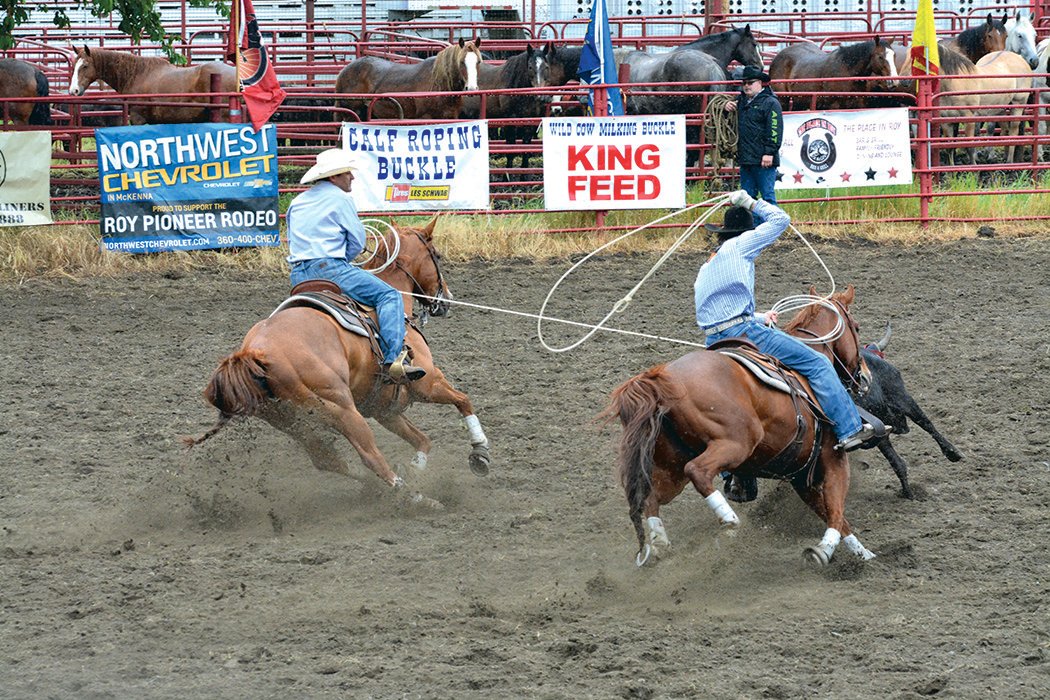 Two cowboys compete in the team roping event at the Roy Pioneer Rodeo on Saturday, June 4.
