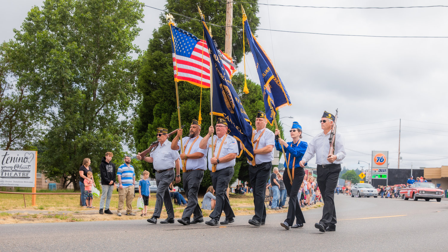 Flags are presented at the start of the Oregon Trail Days parade Saturday morning in Tenino.
