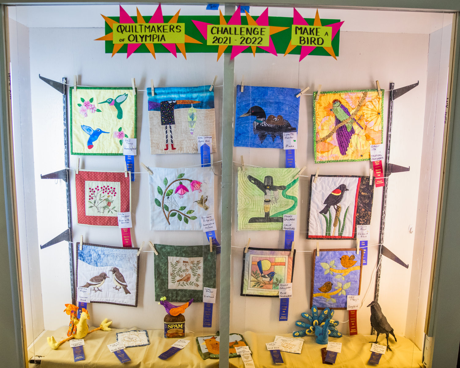 The Quiltmakers of Olympia challenge, “Make a Bird,” sits on display during the Thurston County Fair on Thursday, July 28 in the Home Arts building.