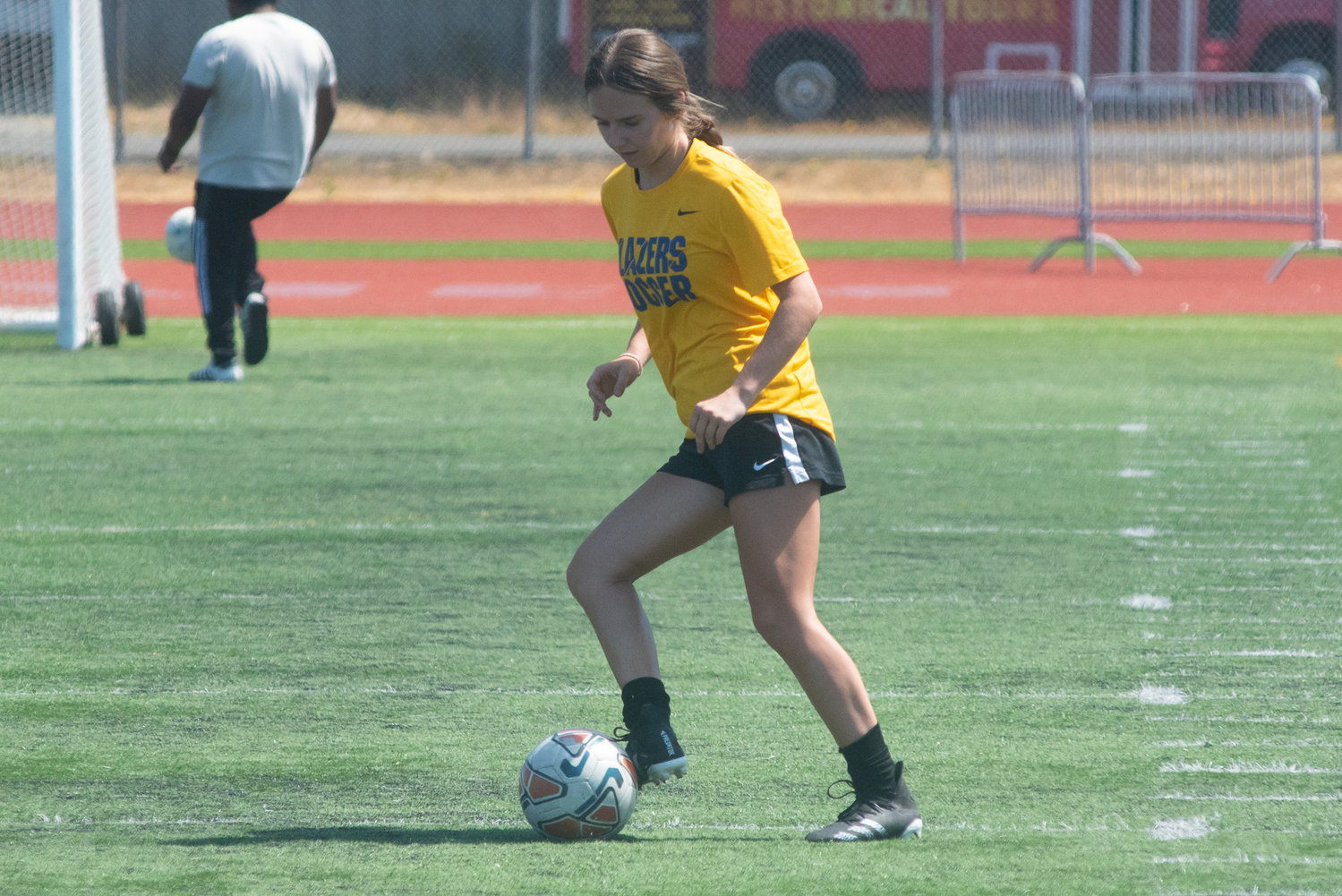 Tenino alum Grace Vestal takes control of the ball at Centralia College's practice on Aug. 3, 2022.