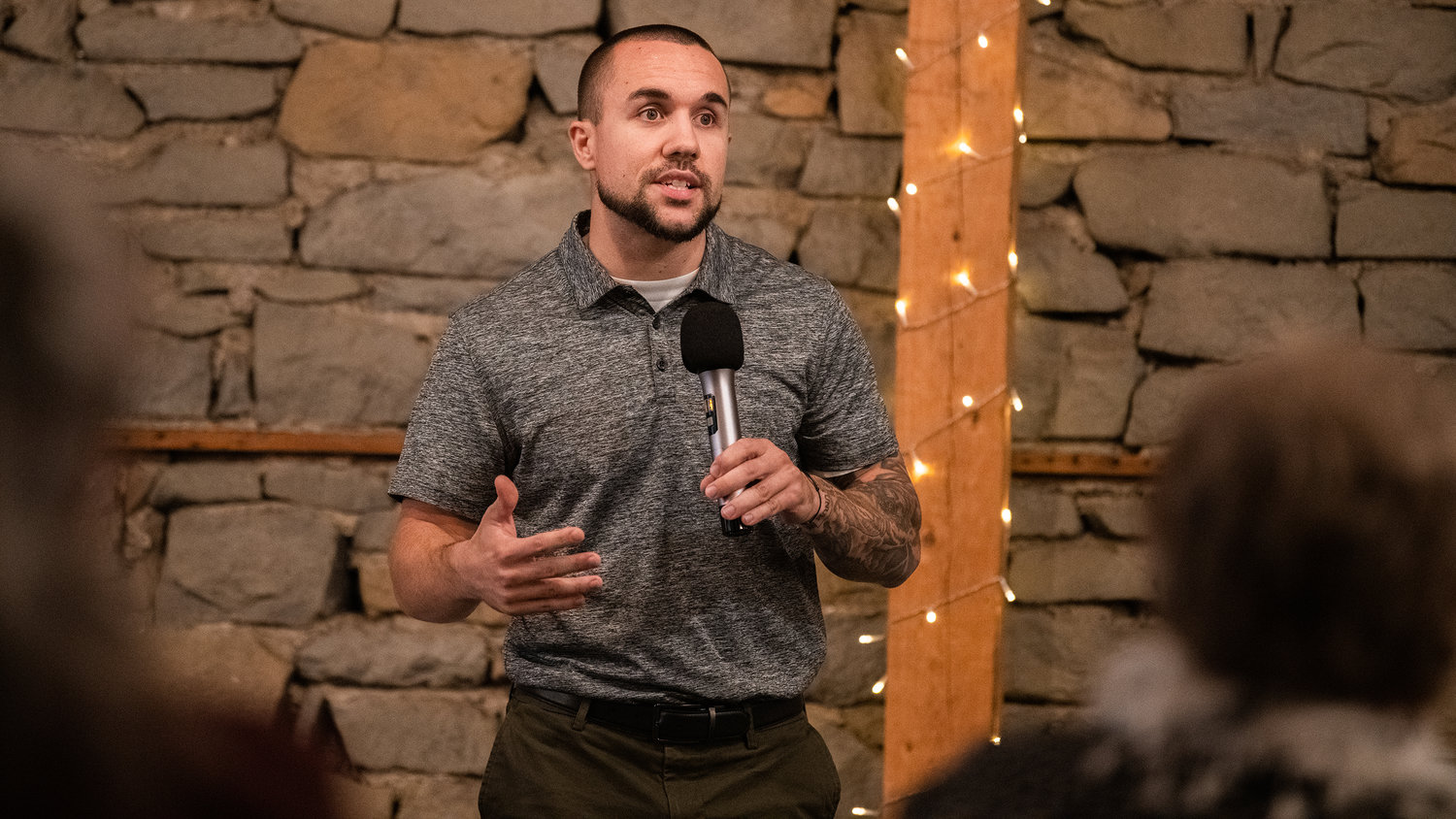 Derek Sanders speaks during the 2022 candidates forum hosted by the Tenino Area Chamber of Commerce in October at The Kodiak Room.