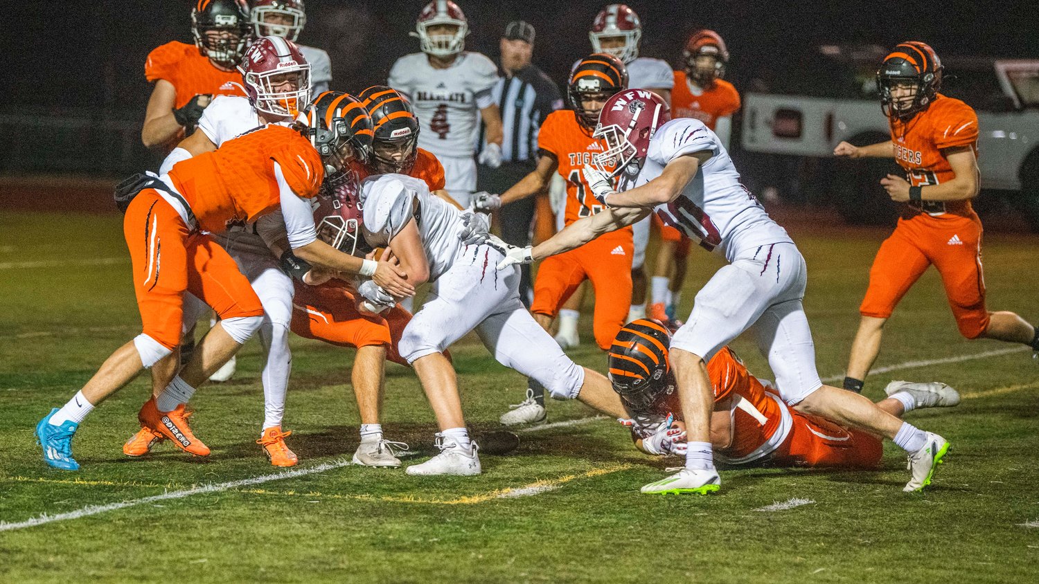 W.F. West sophomore Tucker Land (7) lowers his shoulder and crosses the goal line for a touchdown in the Bearcats' 55-7 win over Centralia in the Swamp Cup on Oct. 28, 2022.