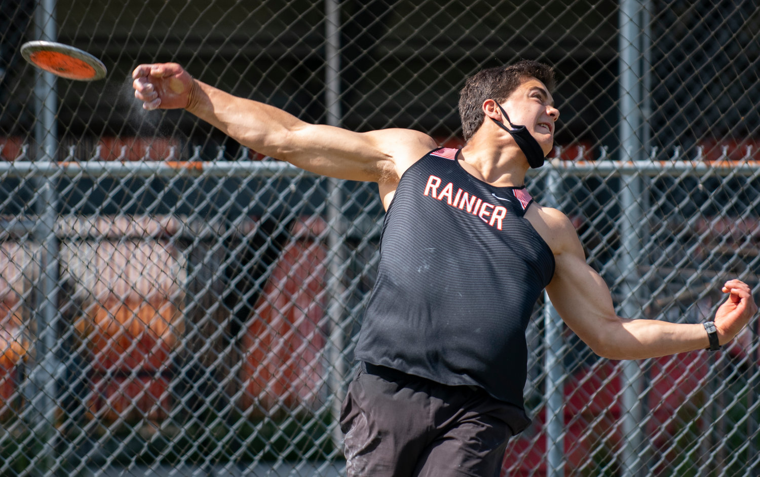 Rainier junior Jeremiah Nubbe uncorks a throw in the boys discus at the 2B District 4 Track and Field Championships on Thursday in Rainier.