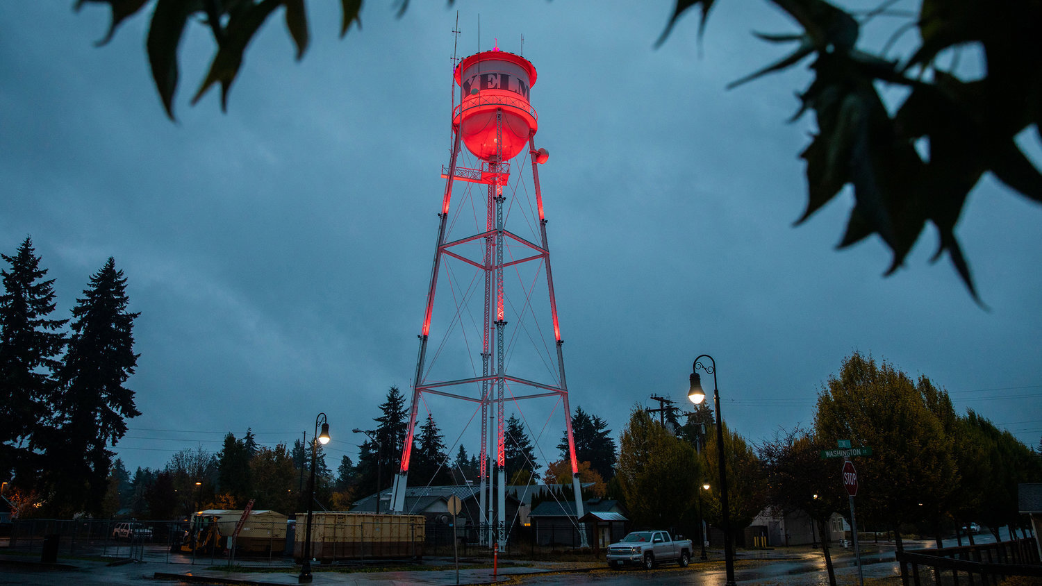 The Yelm water tower is illuminated in this file photo.