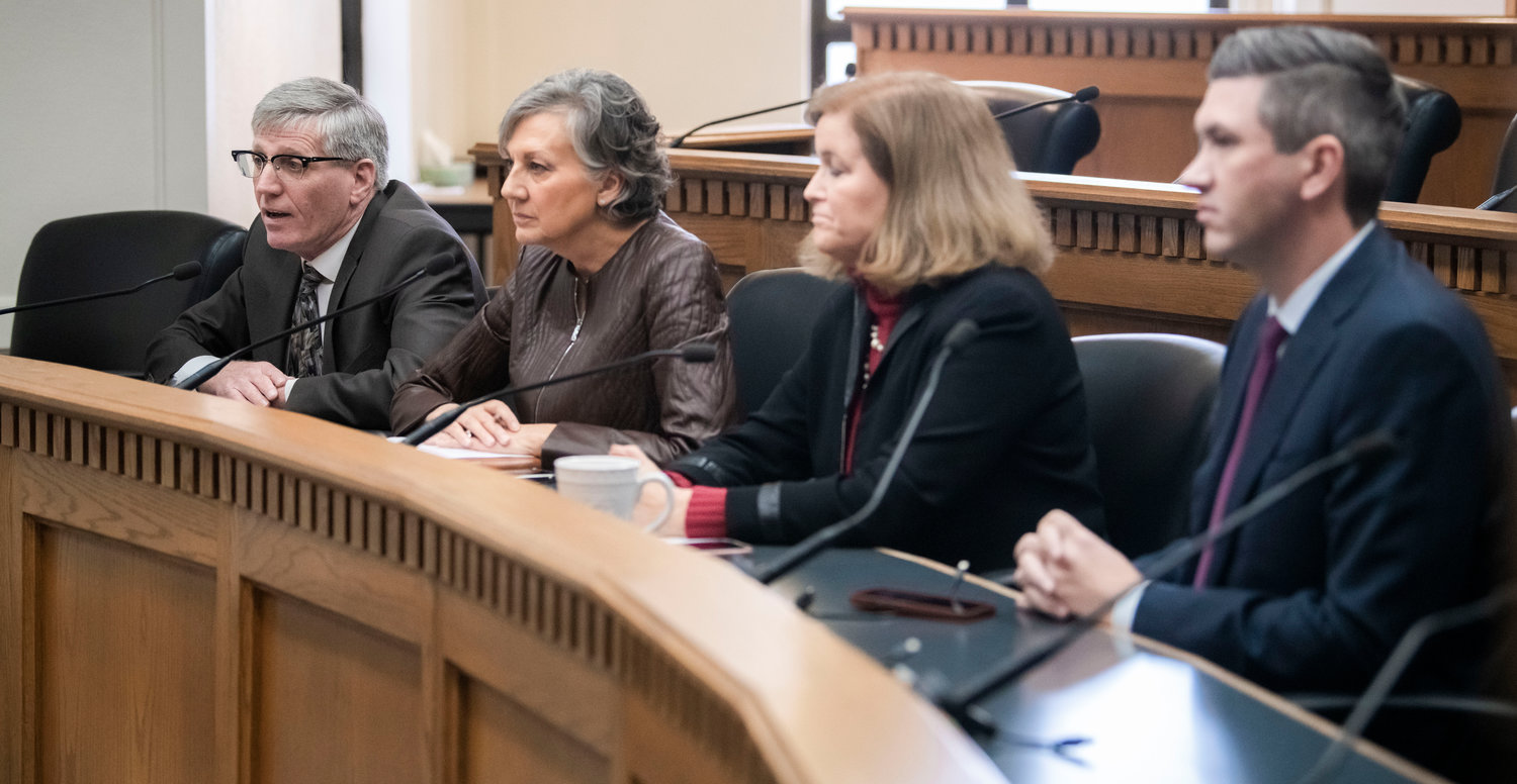 From left, Timm Ormsby, Lynda Wilson, Christine Rolfes and Drew Stokesbary talk to members of the press about budgets on Thursday, Jan. 5, inside the John A. Cherberg Building in Olympia.