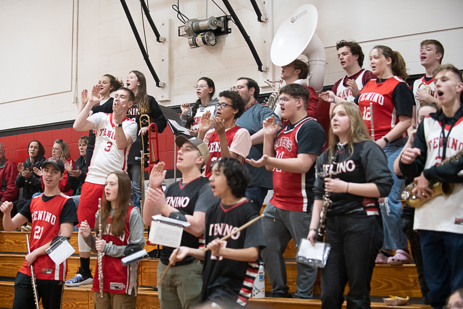 The Tenino band sings the fight song with the Beaver boys basketball team after its win over Mossyrock on Jan. 18.