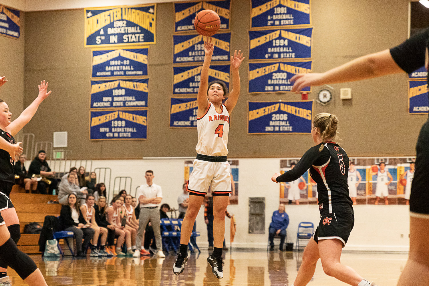 Kalama guard Angelica Askey takes a 3-pointer against Kalama in the first round of the 2B District tournament Feb. 4 at Rochester.