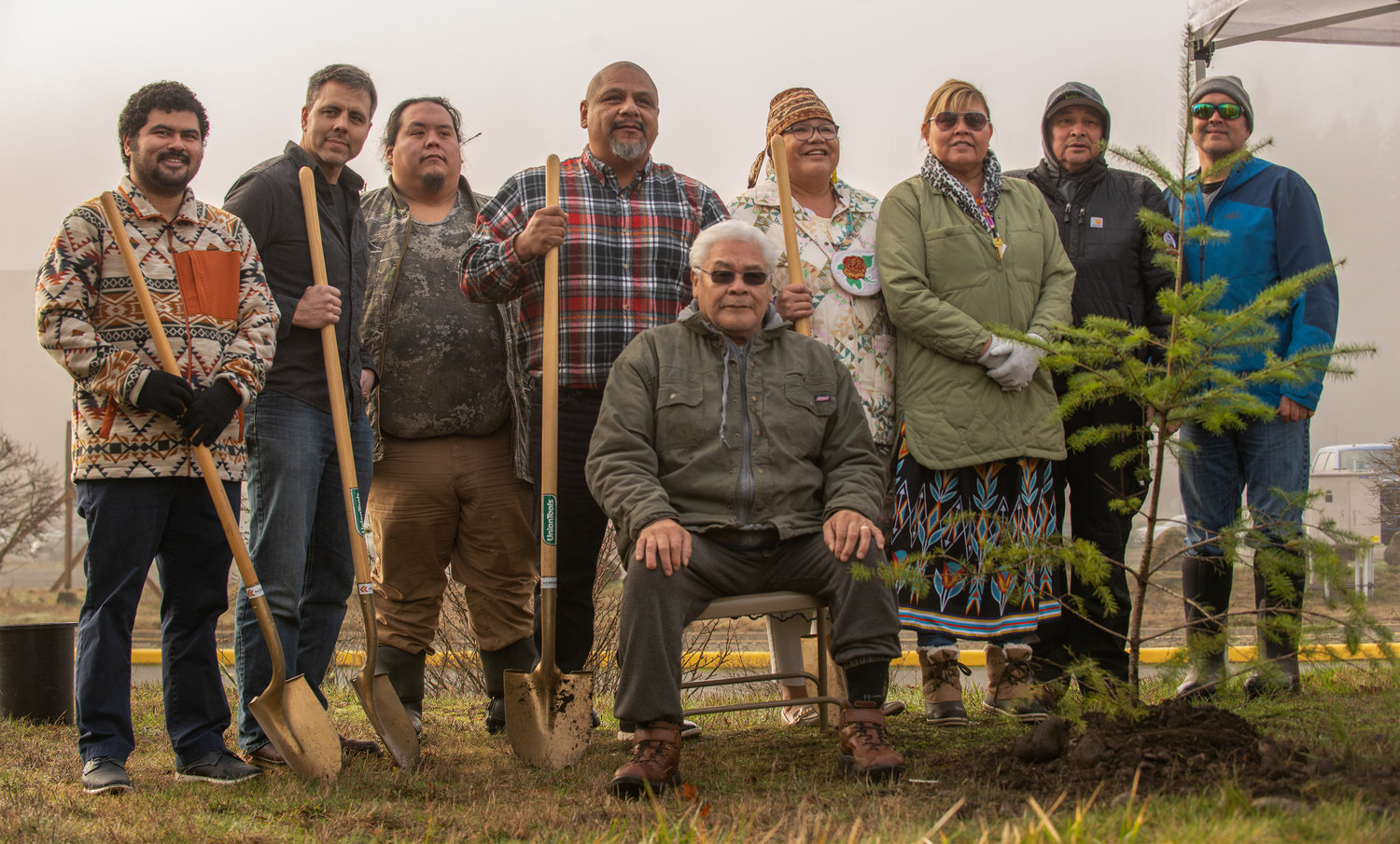 The 169th anniversary of the Treaty of Medicine Creek was celebrated by the original tribes involved during a tree planting ceremony on Jan. 20. Pictured in the front is Nisqually Tribal Elder Albert “Chief” Squally. Starting on the left is Nisqually Tribal Council member Guido Levy, Squaxin Island Tribal Council Chairman Chris Peters, Squaxin Island Tribal Council secretary Patrick Braes, Puyallup Tribal Council member Fredd Dillon, Nisqually Tribal Council Vice Chair Antonette Squally, Nisqually Tribal Council secretary Jackie Whittington and Nisqually Tribal members and employees Robert Thomas and Willy Squally, who aided with planting preparations.