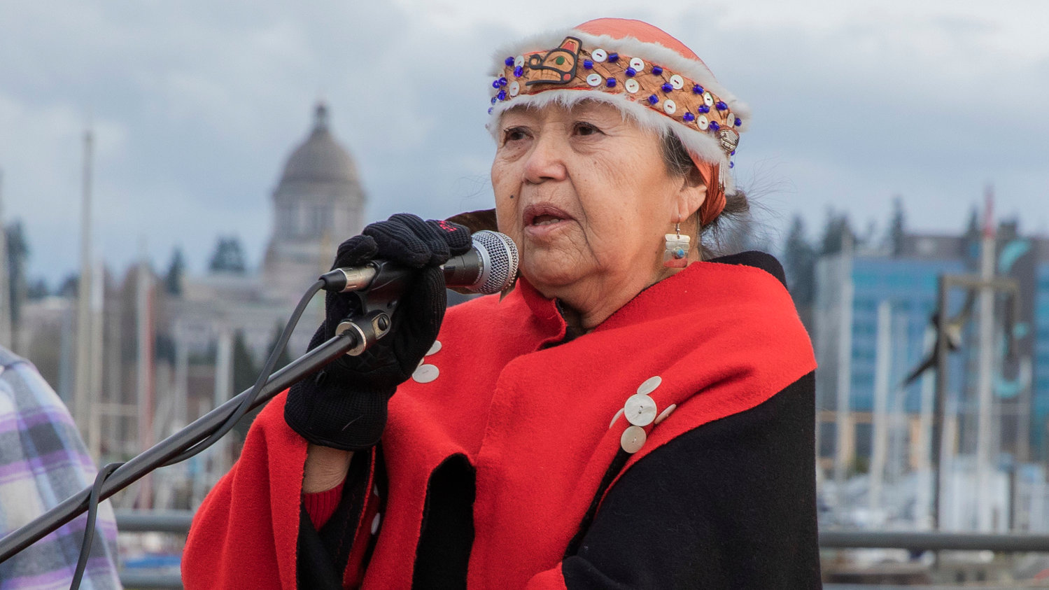 Mary Leitka, a Hoh Tribal member who works for Nisqually Emergency Management, speaks to attendees during a prayer journey to protect Oak Flat, a land that is sacred to the San Carlos Apache Tribe, at an event hosted by Interfaith Works of Thurston County on Wednesday in Olympia.