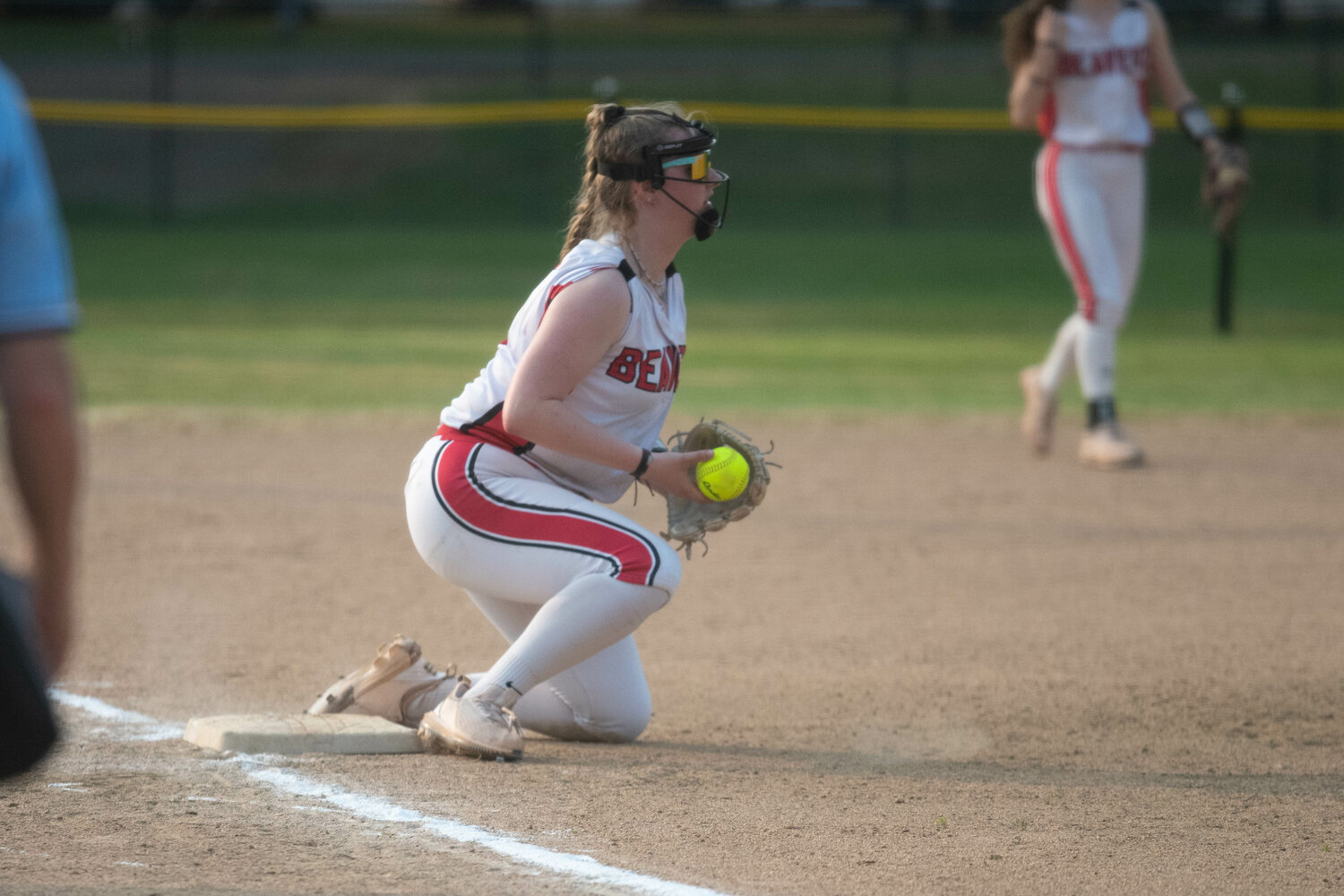 Sophia Hussey checks on a runner during Tenino's 11-1 loss to Seton Catholic in a loser-out game at the 1A Distrct 4 tournament, May 17 at Fort Borst Park.