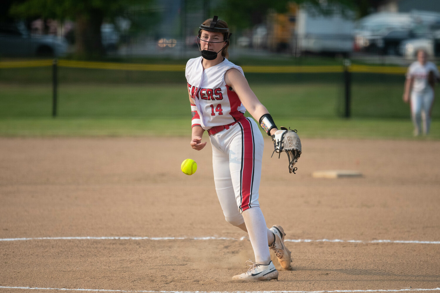 Chloe Grayless throws a pitch during Tenino's 11-1 loss to Seton Catholic in a loser-out game at the 1A Distrct 4 tournament, May 17 at Fort Borst Park.