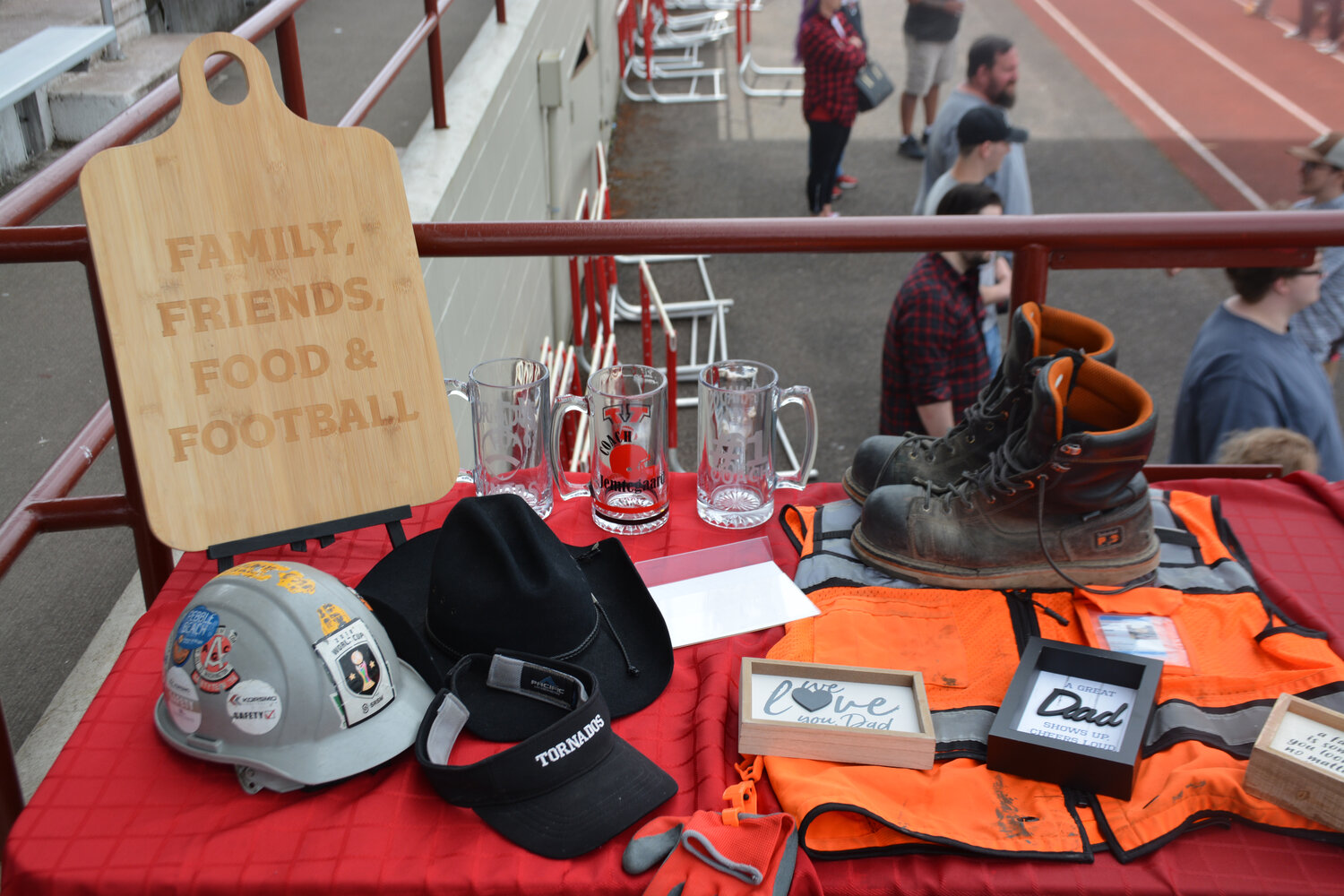 Memorabilia sits at the Yelm High School stadium in honor of Shawn Jemtegaard  on May 21.
