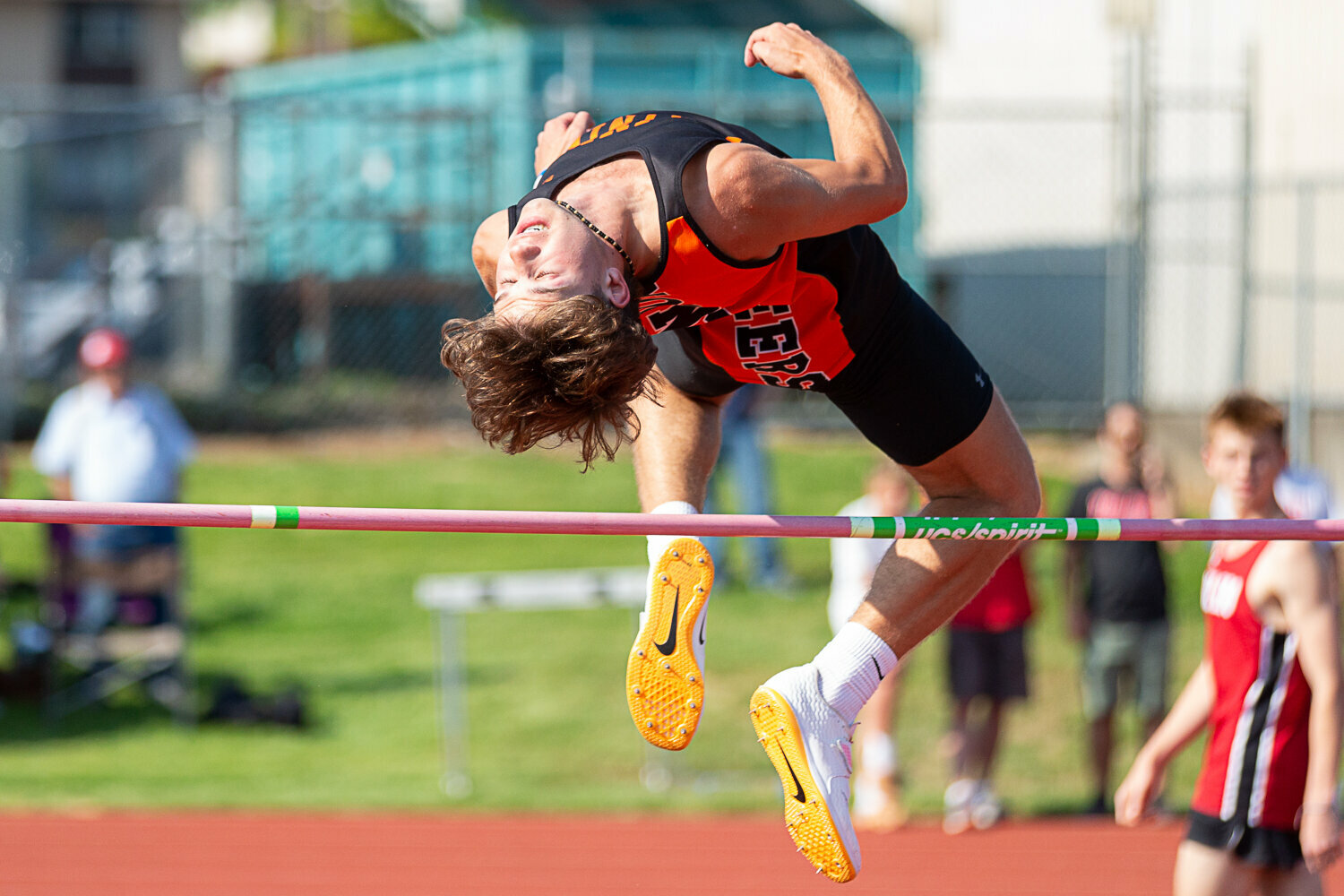 Rainier's Josh Meldrum looks to clear the bar in the high jump May 19 at W.F. West in the 2B District 4 Championships.