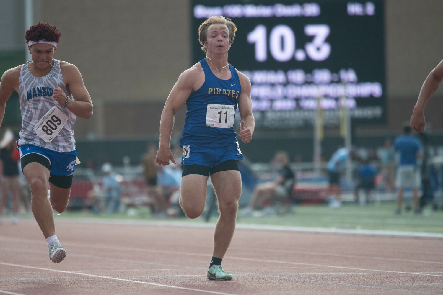 Adna's Jaxon Dunnagan runs in a prelim heat of the 100-meter dash at the 2B state championships at Zaepfel Stadium in Yakima on May 25.