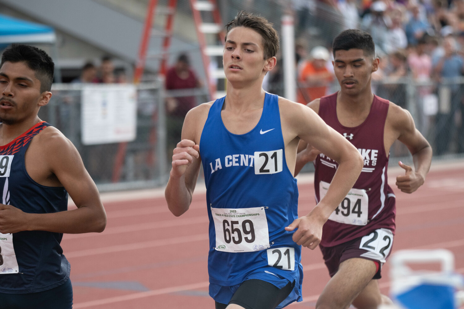 La Center's Logan Hubler runs in the 1,600-meter finals at the 1A state championships at Zaepfel Stadium in Yakima on May 25.