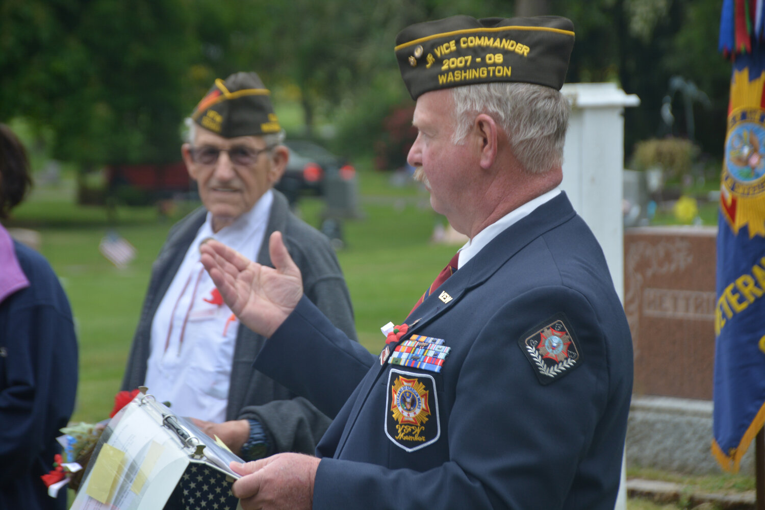 Steven Slater, with the VFW, leads the Memorial Day ceremony at the Yelm Cemetery on Monday, May 29.