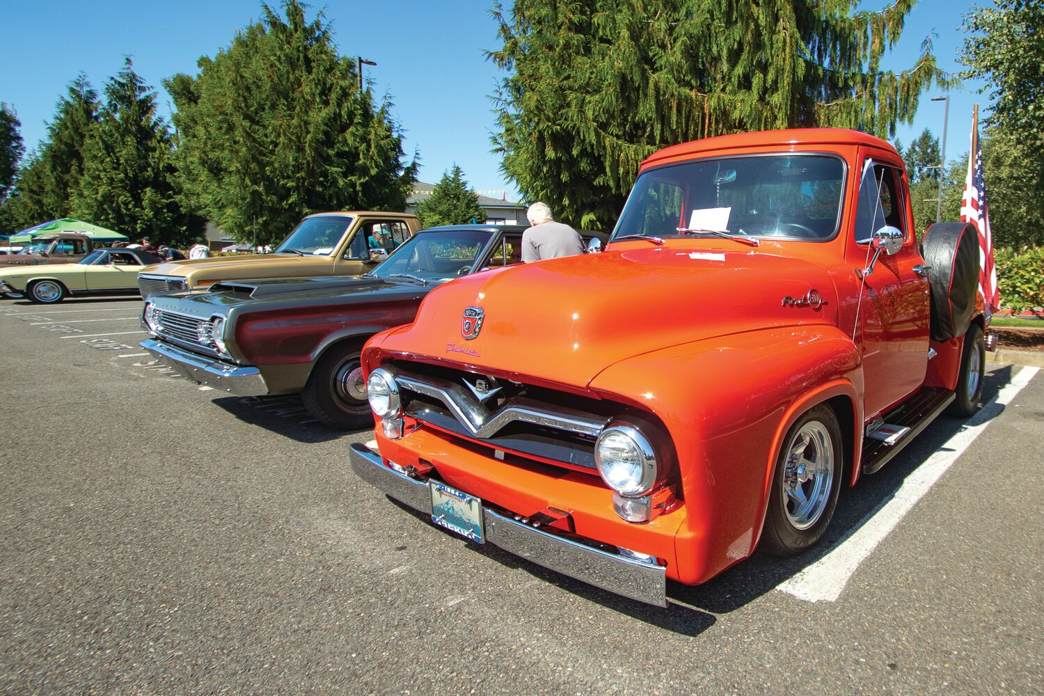 A classic 1954 Ford pickup truck is displayed outside of Yelm High School on Saturday, Sept. 9, for the Yelm FFA Alumni Association car show fundraiser.