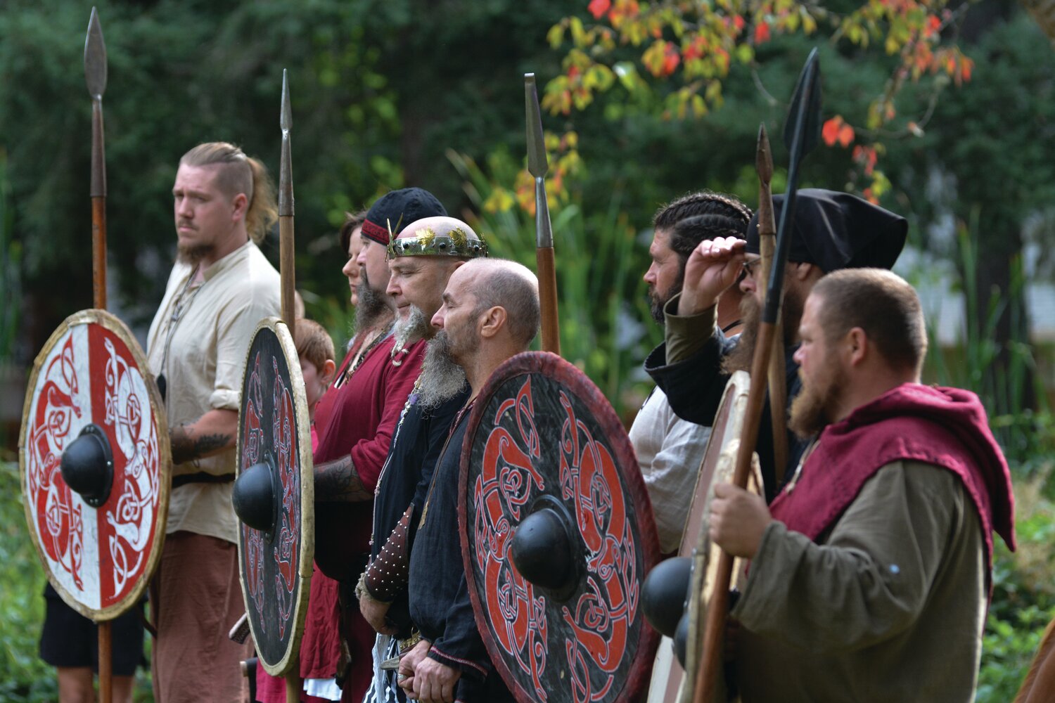 Vikings on Sept. 10 at the Norse West Viking Festival stand in formation as a ritual and offering to the Goddess Freyja transpires.