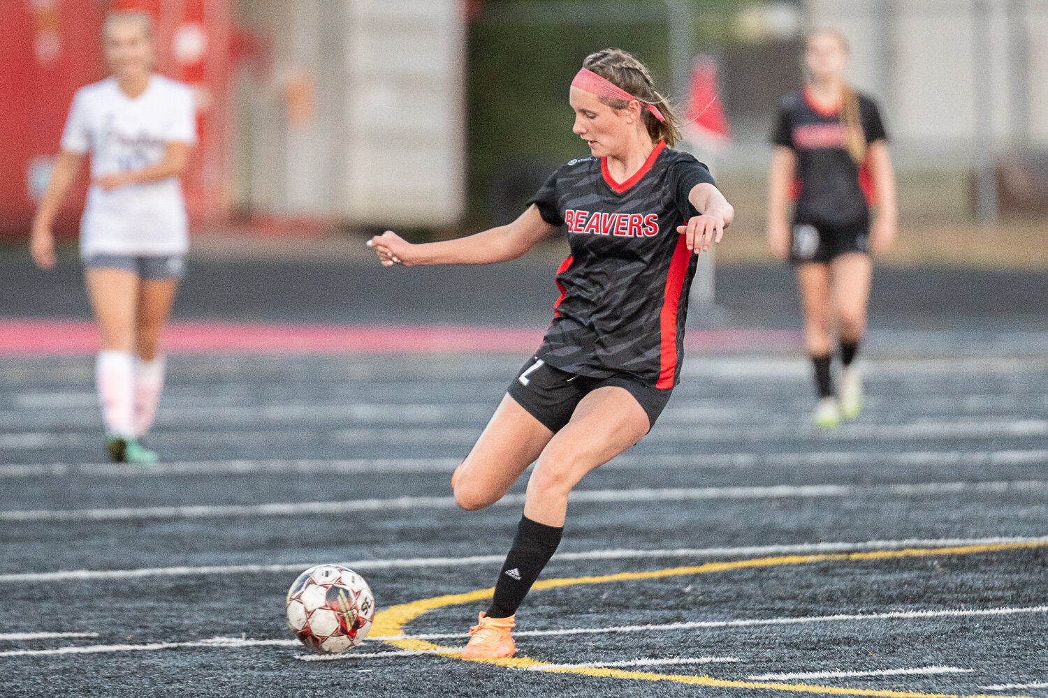 Callie Mickelson sends the ball upfield during the first half of Tenino's 0-0 draw with Adna on Sept. 14.