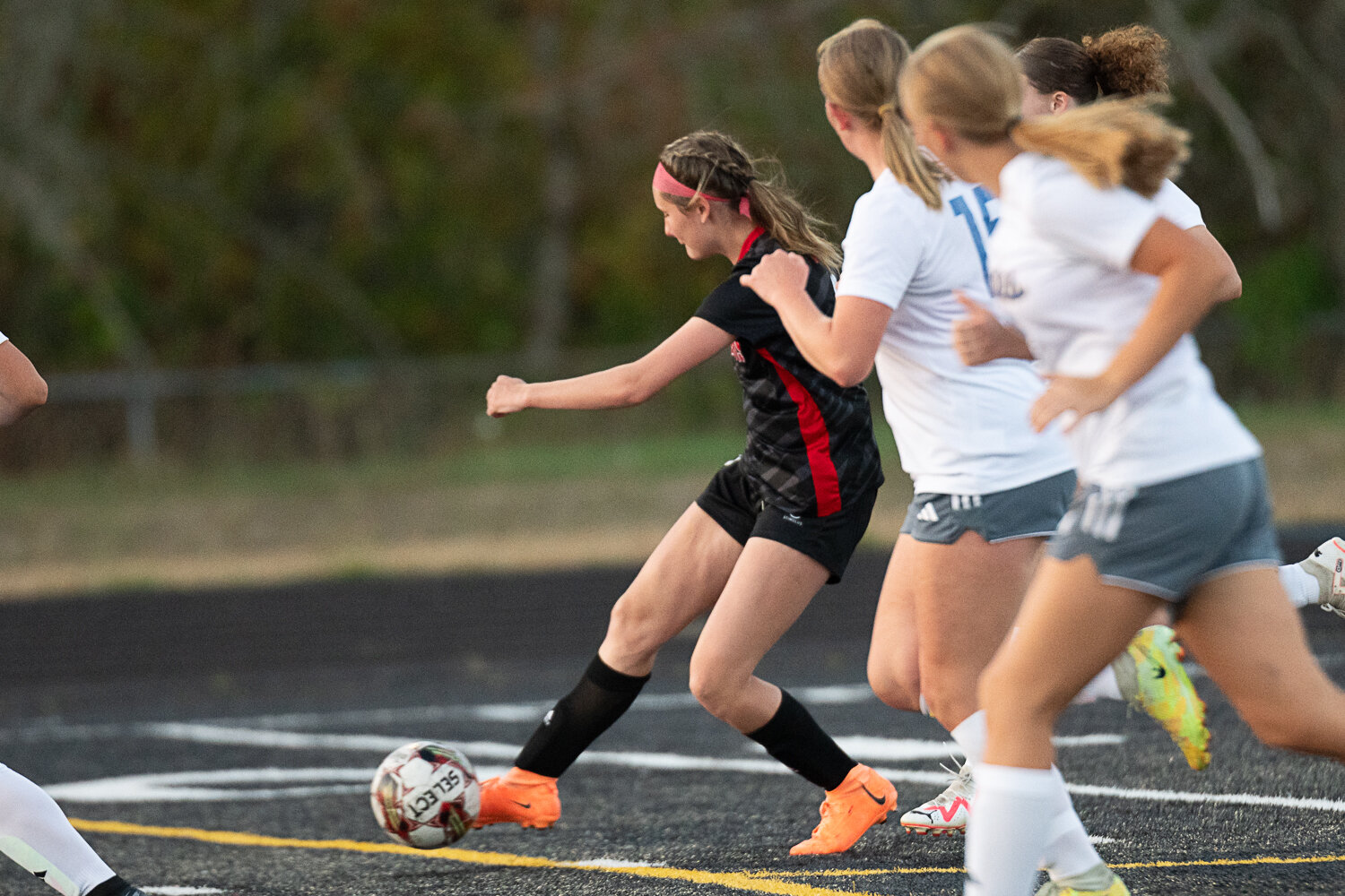 Callie Smith fires off a shot during Tenino's 0-0 tie against Adna on Sept. 14 at Beaver Stadium.