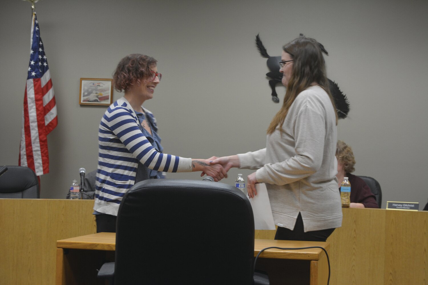 Rachel Chavez (left) is sworn in as the next Roy city councilor by Mayor Kimber Ivy (right) on Nov. 13.
