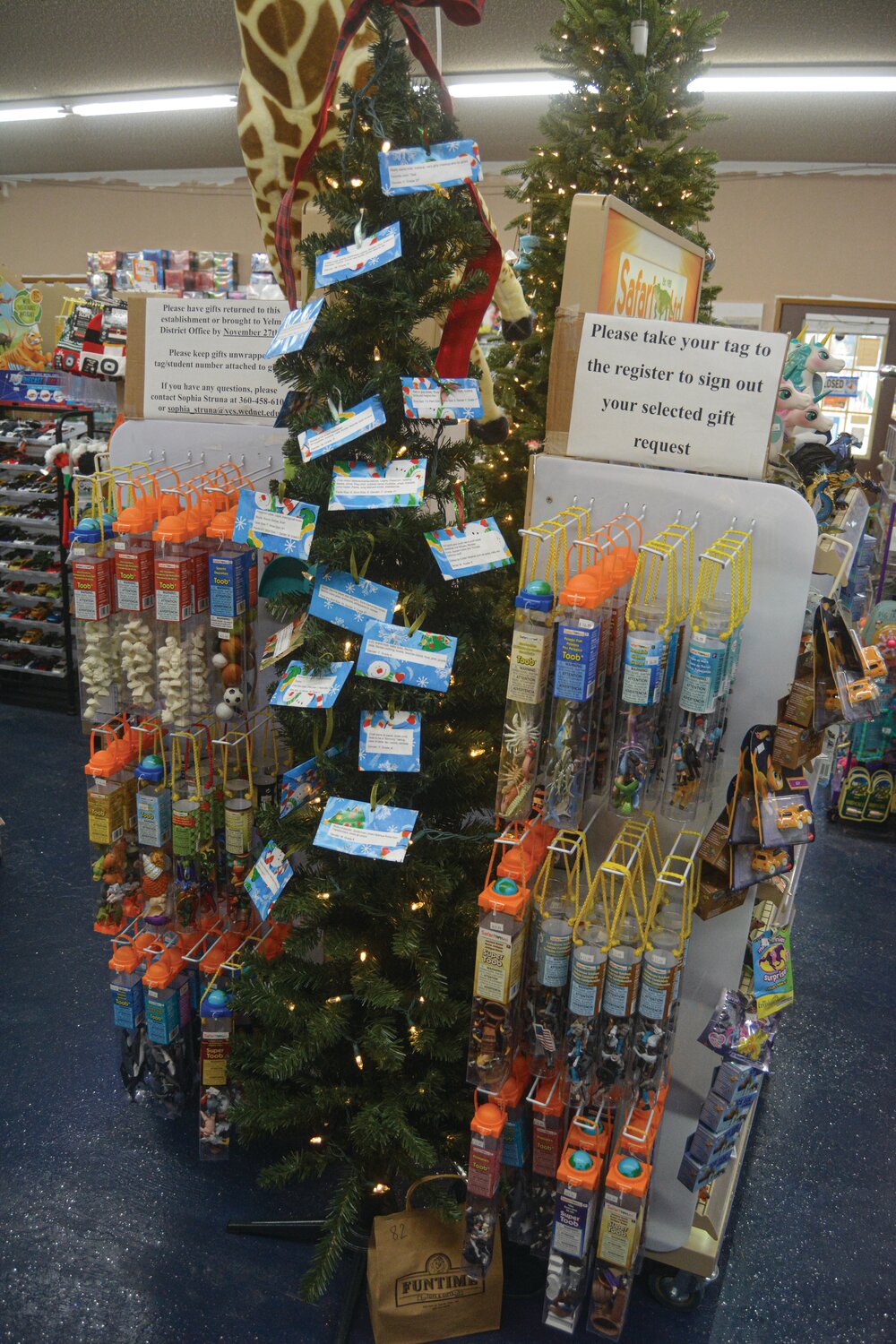 A look at the giving tree at Funtime Toys and Gifts in Yelm.
