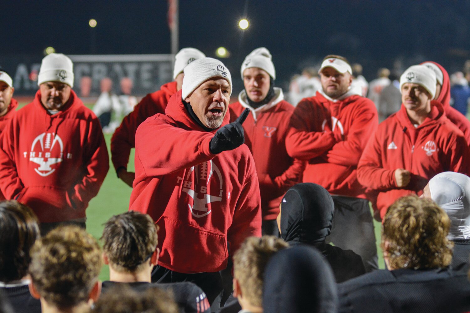 Yelm’s head coach Jason Ronquillo holds up one finger, signifying the one remaining game on Yelm’s schedule— the 3A State Championship. The contest is set for 7 p.m. Friday, Dec. 1 at Husky Stadium in Seattle.