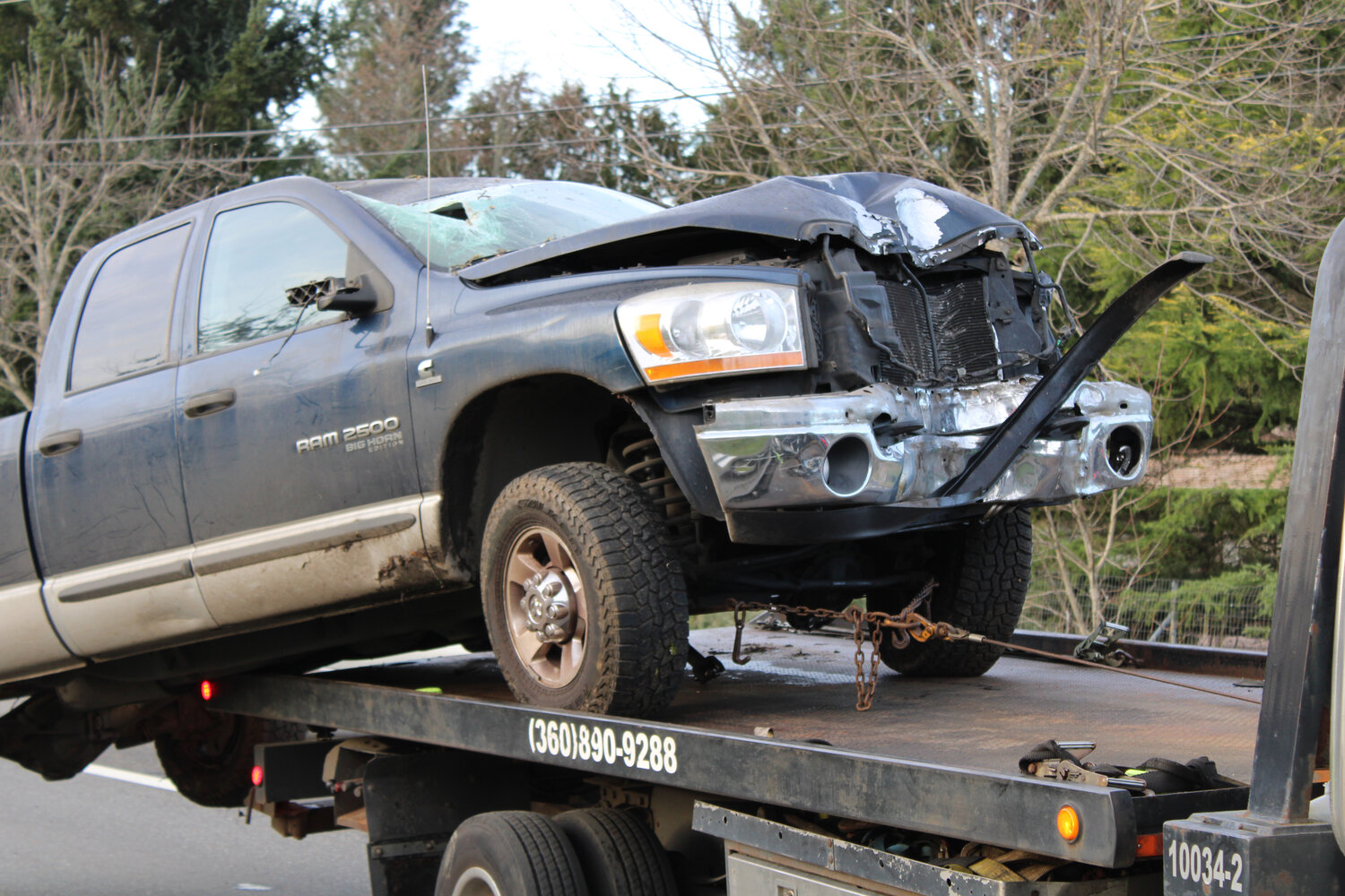The Dodge Ram truck, loaded up on a tow truck, suffered significant damage to the front exterior on Jan. 30.
